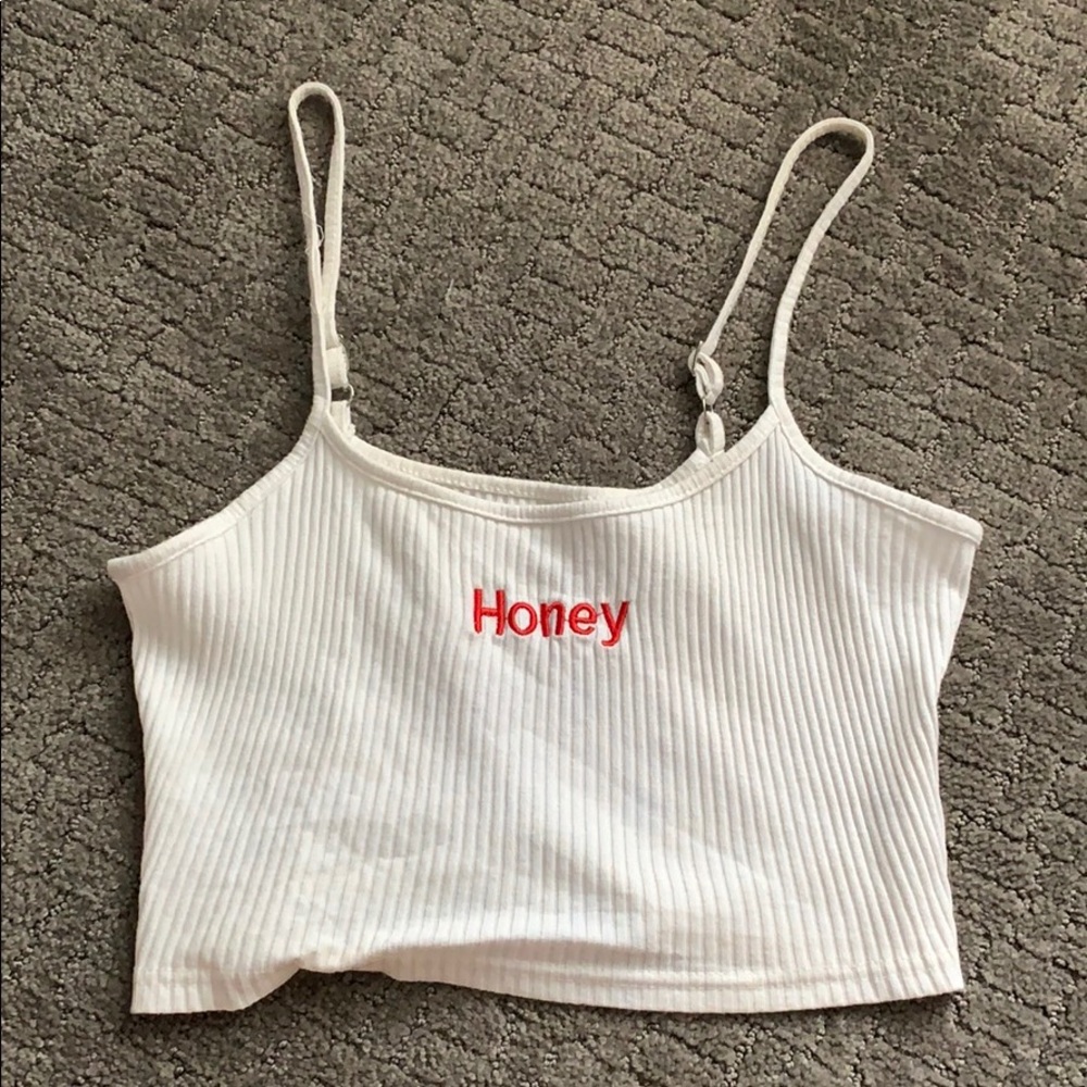 Embroidered “Honey” cropped white tank top